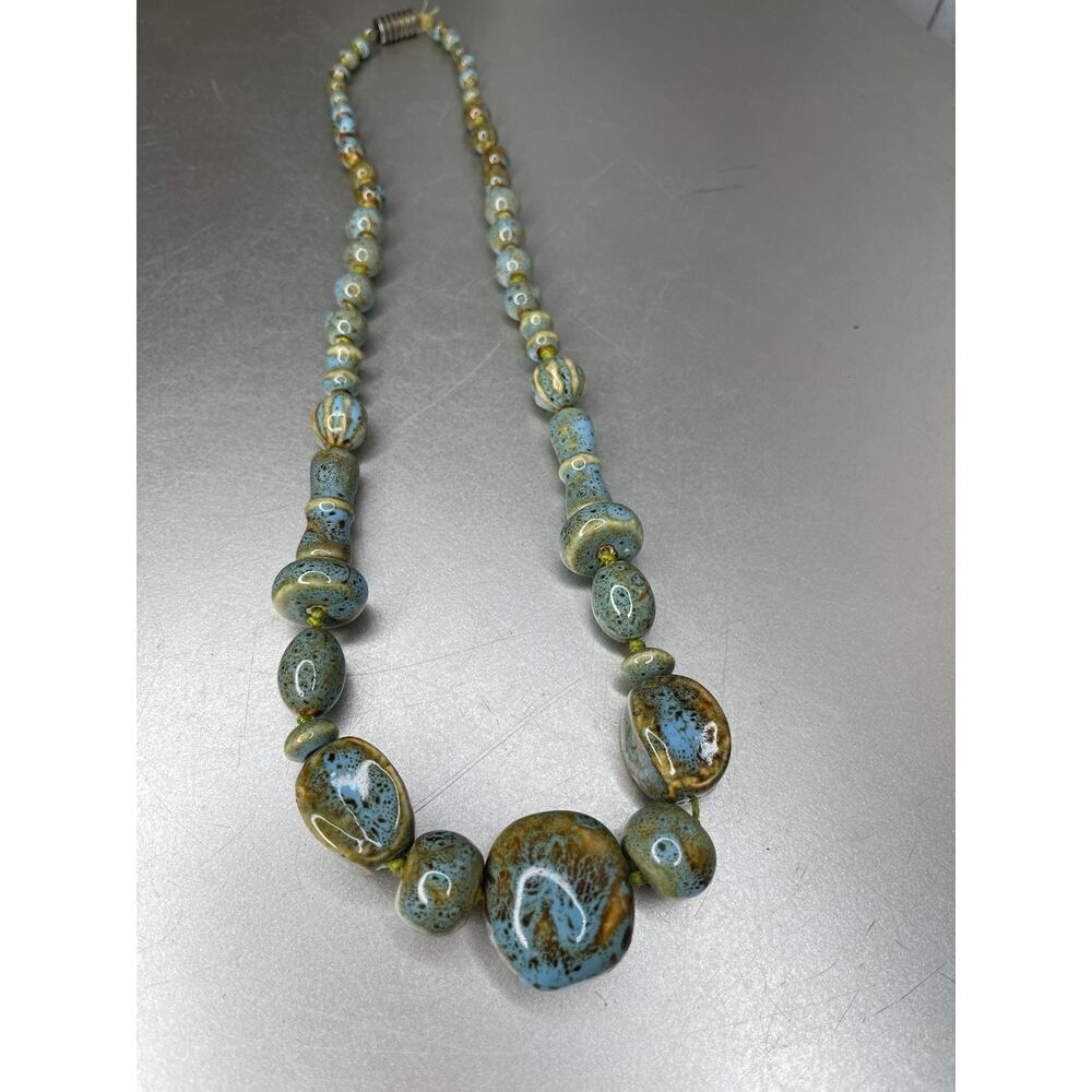 Blue Green Chunky Stone & Beaded Accents Necklace Statement Boho